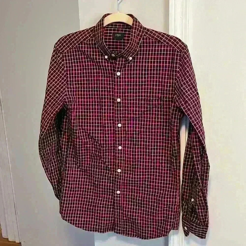 JCrew red and blue checked plaid slim-fit button-down shirt.